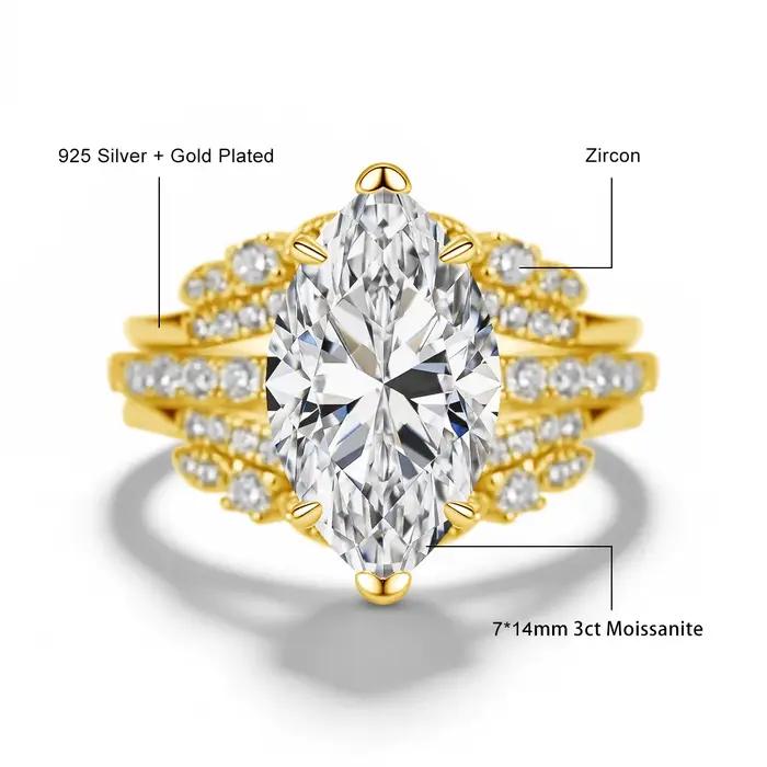 Ensemble de bagues de fiançailles Halo pour femmes, argent sterling 925, moissanite taille marquise,