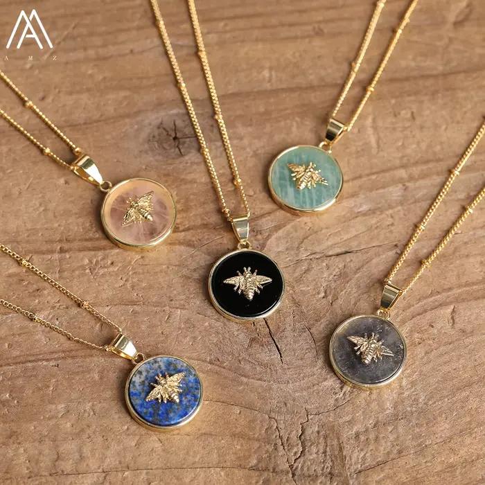 Collier Ras du Cou en Pierres Naturelles de Labrumen, Perles d'Abeille Incrustées, Bijou à la Mode, Cadeau pour Femme, Livraison Directe