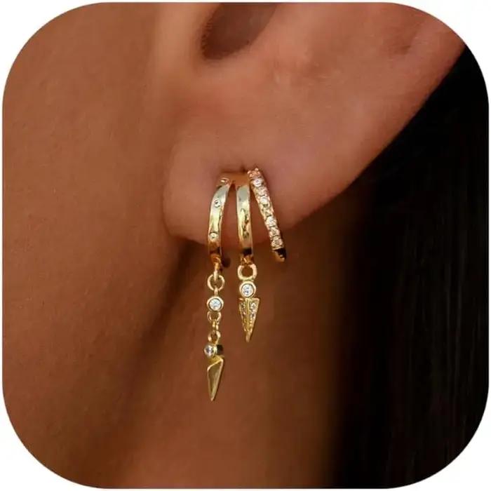 Femmes boucles d'oreilles 14k plaqué or véritable Triple Huggie