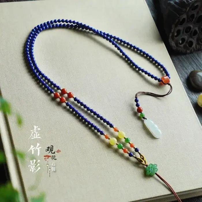 Pendentif Lapis Laurel naturel 5A collier original en perles tissées à la main collier turquoise cire d'abeille chaîne en laine bijoux religieux style bouddhisme occassions spéciales femmes