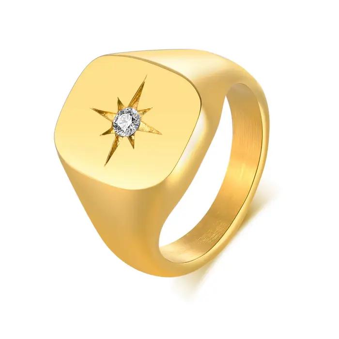 Bagues chevalière étoile pour femmes, couleur or, métal solide, carré, rond, timbre supérieur, bande en pierre AAA CZ, bijoux Chic Boho Cool