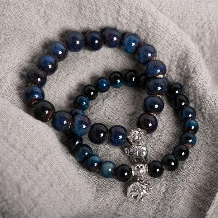 Bracelet Éléphant en Céramique Fait Main Style Boho Pierres Précieuses Perles Bleues Unisexes Occasions Spéciales