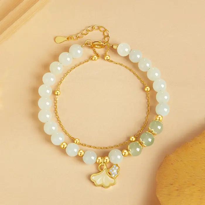 Hetian Jade Ginkgo Double couche Bracelet élégant luxueux bijoux faits à la main pour les femmes Premium cadeau choix S925 argent Sterling