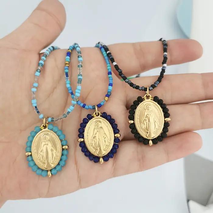 QMHJE vierge marie pendentif en acier inoxydable collier à breloques femmes tour de cou perles chaîne or argent couleur arc-en-ciel coloré bijoux