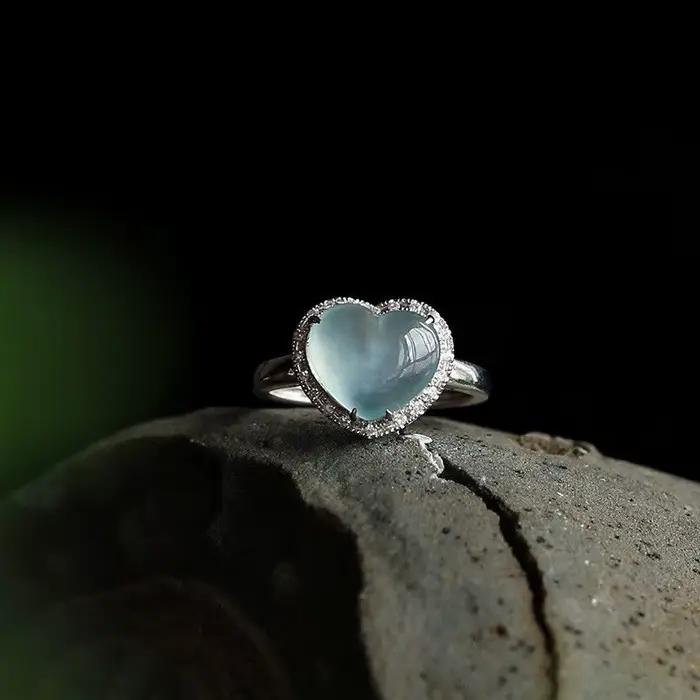 Bague en diamant réglable en forme de coeur, calcédoine naturelle, breloque rétro chinoise, bijoux e