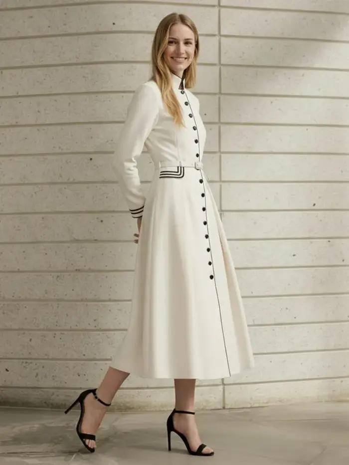 Robe plissée élégante Freeacy pour femme, col mandarin, ceinture, manches longues, coupe trapèze, pr