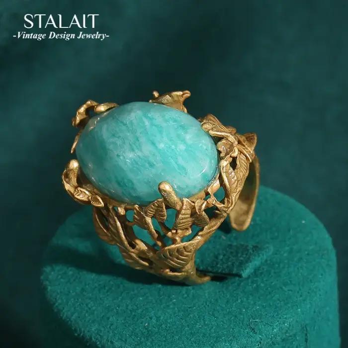 Bague émeraude vintage Nature Art | Plaqué or 18 carats et cuivre | Artisanat de réglage de la lunette
