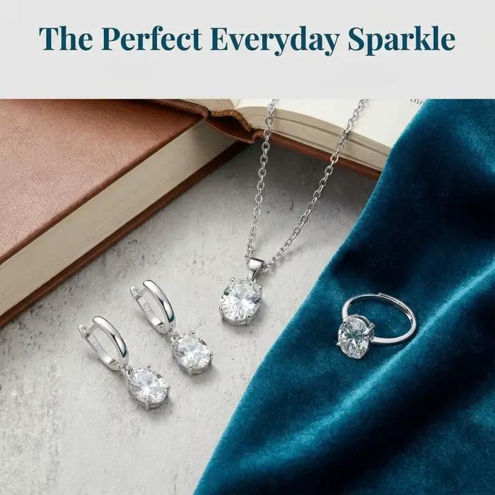 Ensemble de bijoux pour femmes en argent sterling 925 : bague ovale en zircon taillée en diamant, collier, boucles d'oreilles - Accessoires et cadeaux de luxe