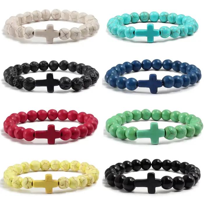 Bracelets de mode en pierre naturelle avec breloque croix de Jésus