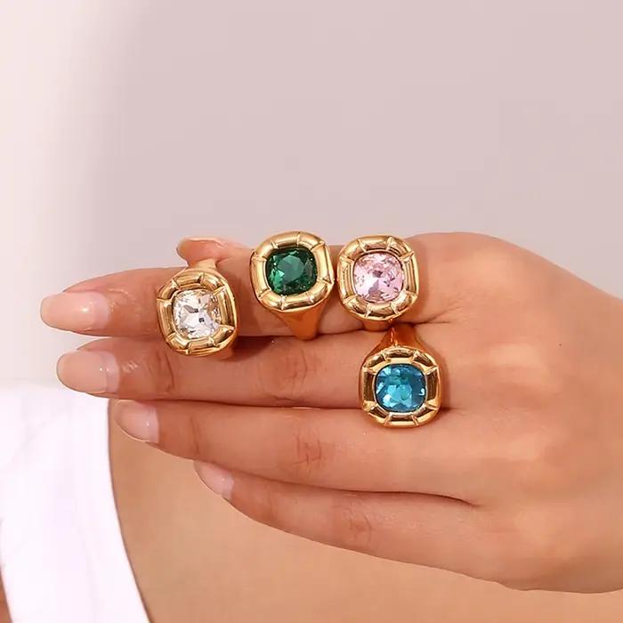 E.B.belle élégant arrondi carré Zircon fleur anneaux plaqué or bague en acier inoxydable femme quotidien étanche bijoux cadeau femmes
