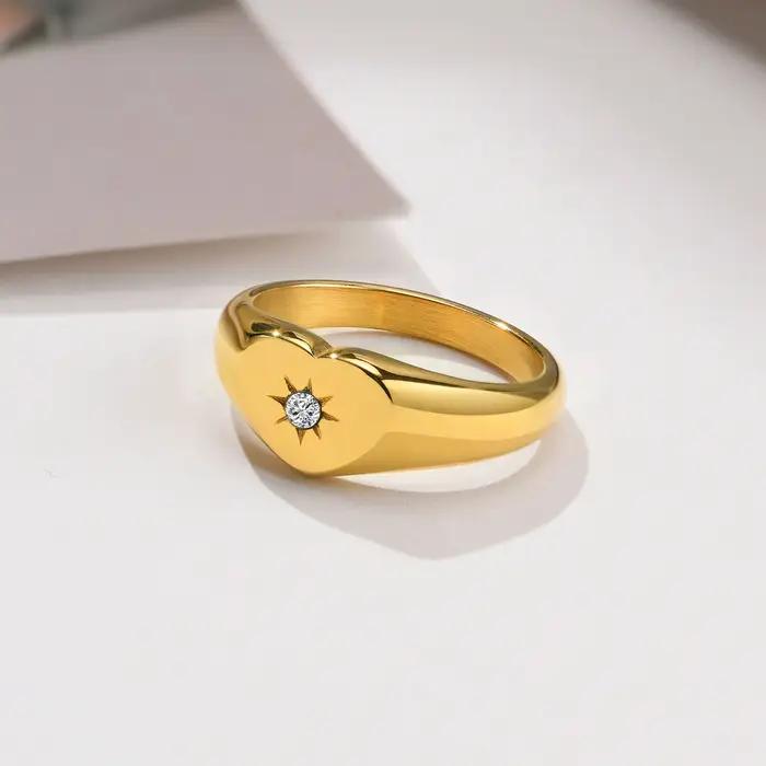 Bagues chevalière étoile pour femmes, couleur or, métal solide, carré, rond, timbre supérieur, bande en pierre AAA CZ, bijoux Chic Boho Cool