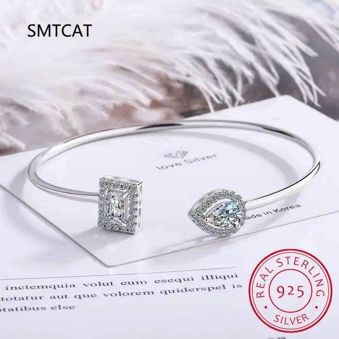 Bracelet ouvert ajustable en argent sterling 925 avec moissanite taille radiant et diamant goutte d'eau pour femme, idéal pour mariage