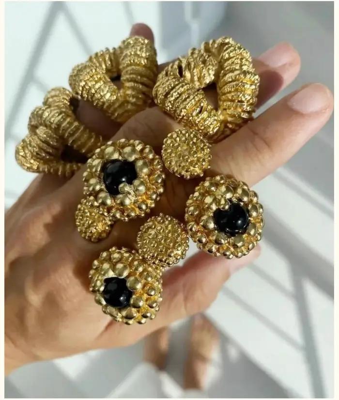 Bagues ouvertes épaisses en métal d'agate noire plaquée or Vintage pour femmes et filles