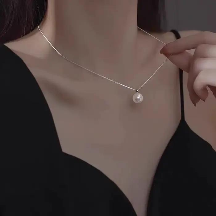 Collier de perles en argent Sterling 925, 8mm, chaîne de clavicule élégante, pendentif de perles haut de gamme, accessoire exquis, bijoux