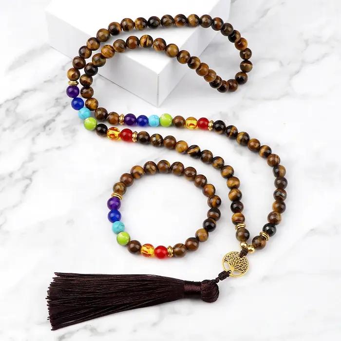 Luckly 7 Chakra colliers et Bracelets de perles 8mm Japamala mat noir Onyx pierre collier ensembles femmes hommes méditation Yoga bijoux