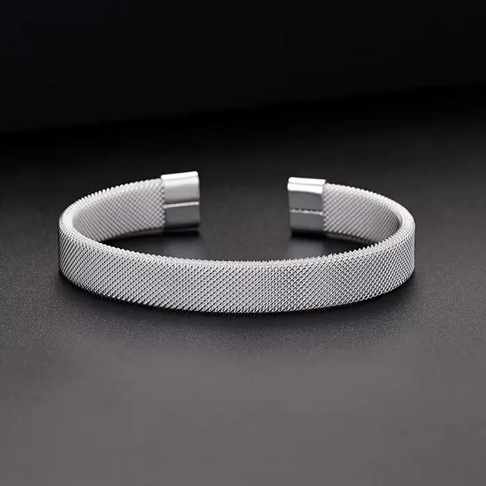 Bracelet de manchette en argent sterling 925 motif géométrique solide pour hommes et femmes