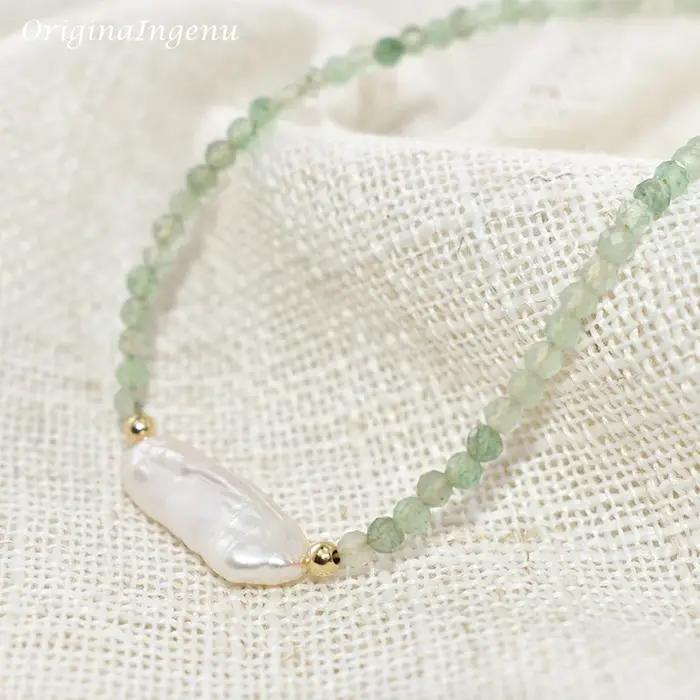 Collier émeraude Boho en or 14 carats avec perle baroque personnalisée pour femmes occasions spéciales