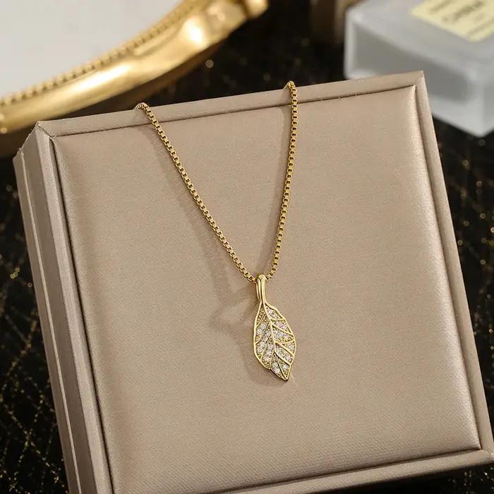 Collier feuille doré en acier inoxydable avec pendentif zirconium pour femmes style punk occasions spéciales