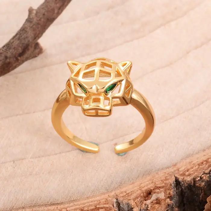 Bague Chic Plaquée Or en Forme de Panthère Taille Fixe avec Yeux en Cristal Vert Bijou Tendance Tête d'Animal pour Femme Occasions Spéciales