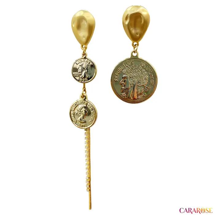 CARAROSE Boucles d'oreilles pendantes asymétriques en argent sterling S925 avec pièce de monnaie dor