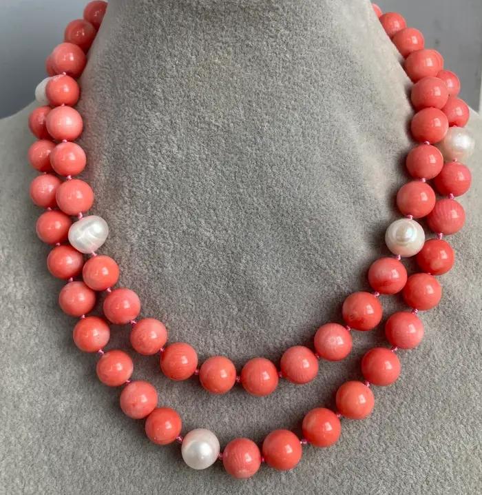 Collier long de 33 pouces, 10 mm, en corail naturel rose et perles blanches rondes