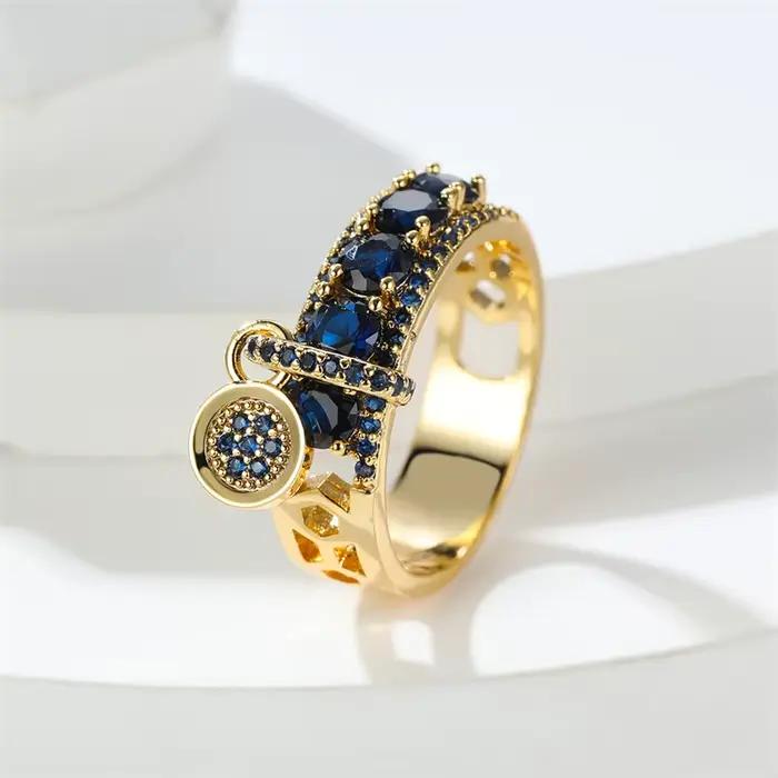 Bague Vintage en Pierre Bleu Royal Or Jaune Style Mode Pour Fiançailles Mariage Anniversaire Cadeau Occasions Spéciales