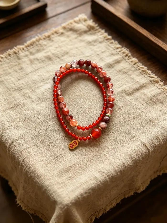 Bracelet à double boucle en agate rouge et cristal pour femme