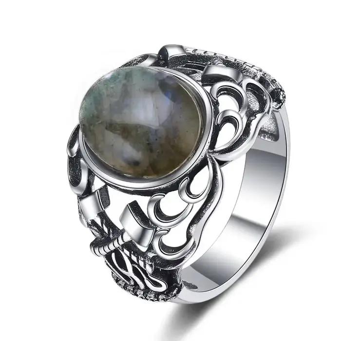 Bague vintage en lapis-lazuli plaquée argent 925 avec pierre semi-précieuse pour homme et femme, style bohème gothique, alliance de mariage, bijou de cocktail pour cérémonies et occasions spéciales