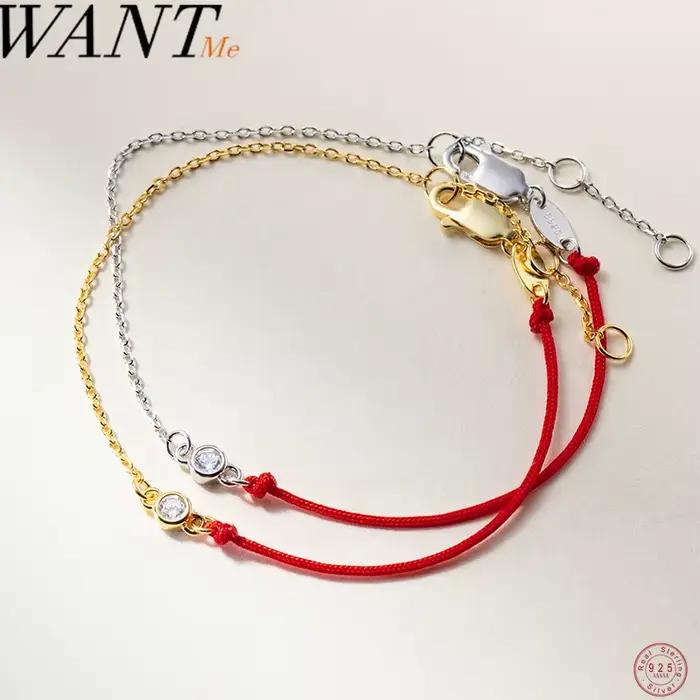 WANTME 925 argent Sterling brillant rond Zircon rouge tressé à la main corde breloques chaîne Bracelet pour les femmes mode fête Couple bijoux