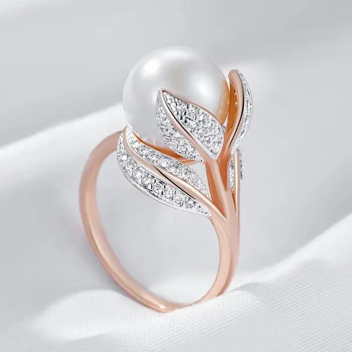Wbmqda – grandes bagues en perles blanches pour femmes, couleur or Rose 585, bijoux de luxe en Zircon, cadeaux de mariage