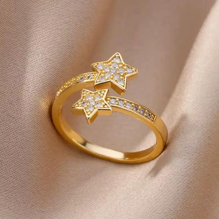 Bagues Double étoile en Zircon pour femmes et filles, en acier inoxydable, couleur or y2k, nouvelle tendance, bijoux esthétiques pour fête de mariage, 2024