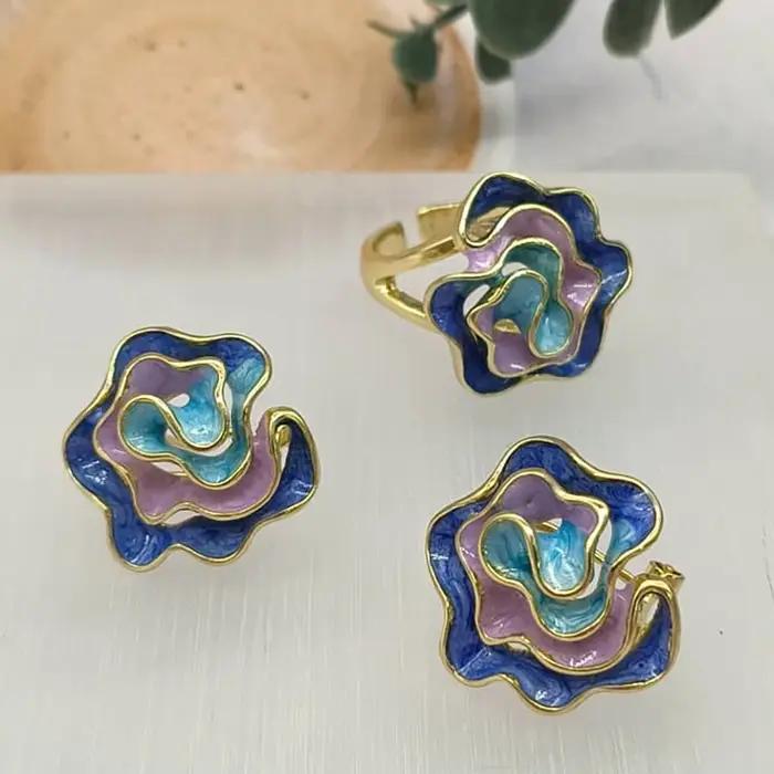 Ensemble de bijoux vintage en émail avec boucles d'oreilles et bague à motif floral, pour femmes, no