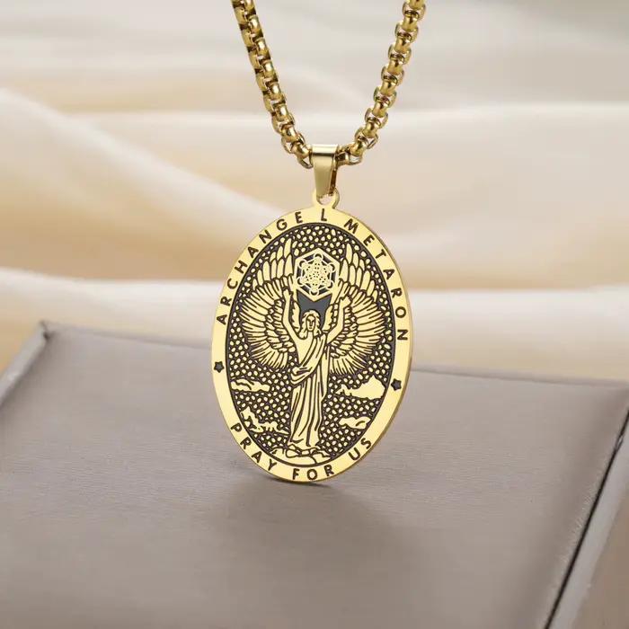 Colliers religieux rétro pour femmes et hommes, pendentif archange Metatron, amulette du patron, médaille, bijoux religieux