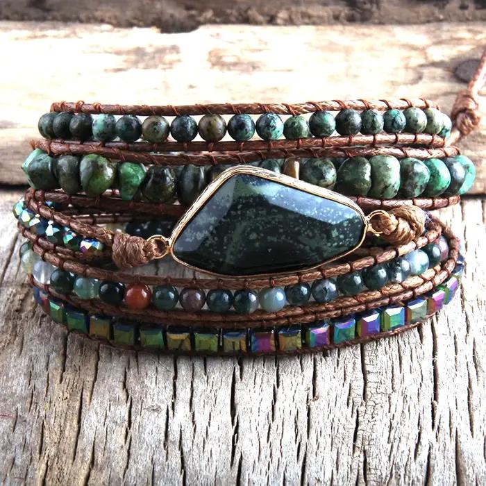 RH mode Boho Bracelet africain Turqu pierres naturelles herbe vert charme 5 brins tissé Bracelets d'enveloppement cadeau livraison directe