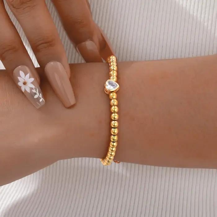 Bracelet Perlé en Acier Inoxydable VNOX Pour Femme Occasions Spéciales Coeur Zircone Cubique Doré Décontracté Sportif