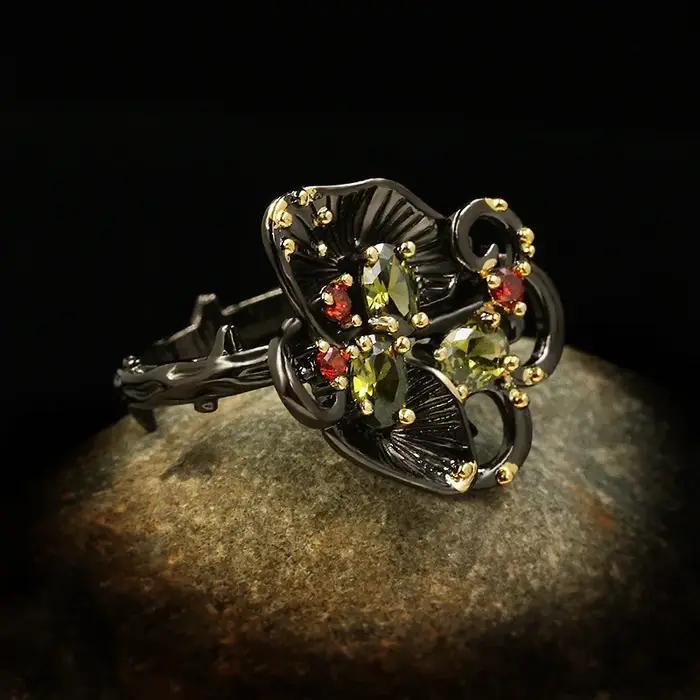 Bague Vintage en argent 925 pour femmes, bague en relief orchidée noire et dorée, bague géométrique