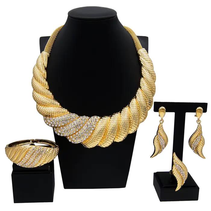 Ensemble de bijoux plaqué or pour femmes, grand collier, bracelet de luxe, fête de mariage, africain