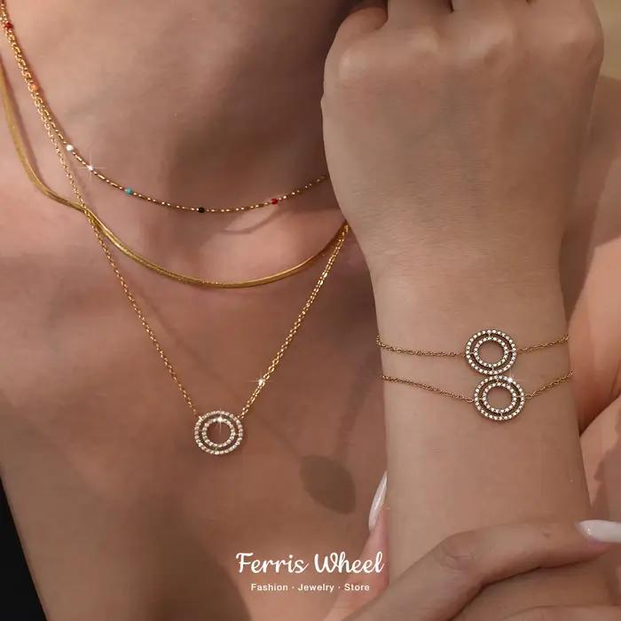 Collier et Bracelet exquis pour femmes, cercle rond en Zircon, acier inoxydable plaqué or, chaîne étanche, breloque, bijoux de luxe, cadeau