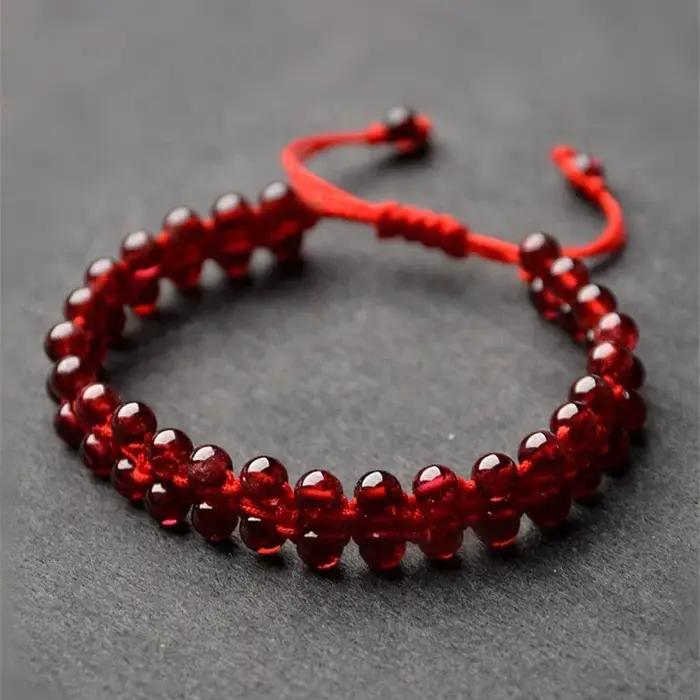 Bracelet en Grenat Rouge Naturel, Perles Rondes, Corde Rouge Faite à la Main, Accessoires de Bricola