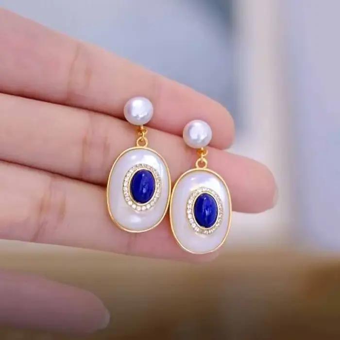 Boucles d'oreilles en lapis-lazuli et zirconium pour femmes, style vintage, mariage, bijoux pendantes