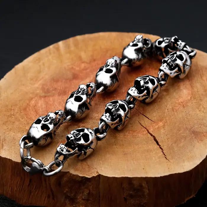 Bracelet gothique Hip Hop en acier inoxydable 316L, Rock Punk, crâne complet, pour hommes et femmes, bijoux d'équitation en moto, cadeau