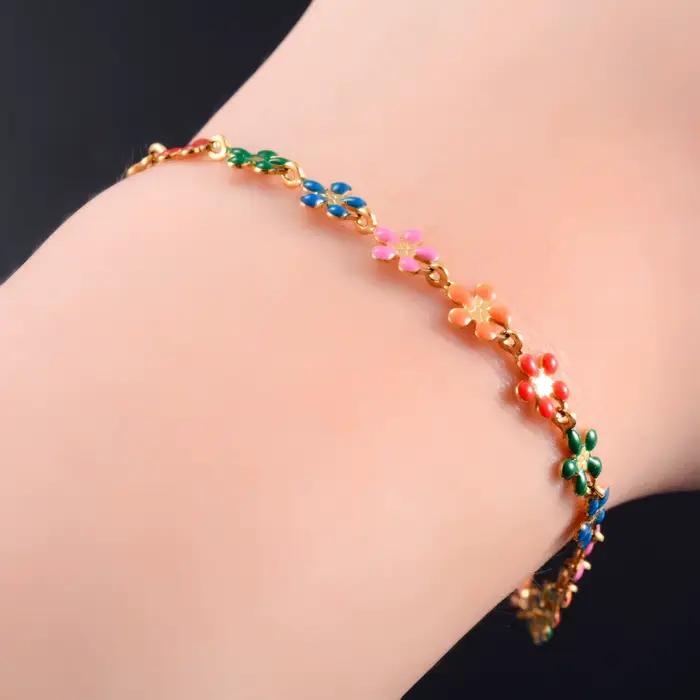 Bracelet de fleur en acier inoxydable pour femme, bohème coloré, bracelet de pied de rinçage, bracelet de main, bijoux en métal, bracelet de cheville de plage d'été