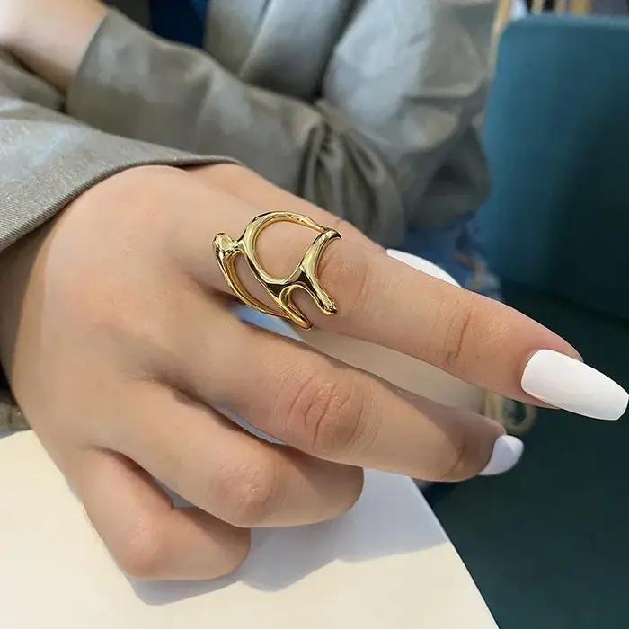 Bague ouverte plissée irrégulière Vintage couleur or pour femmes et hommes, Punk, Style métal liquid