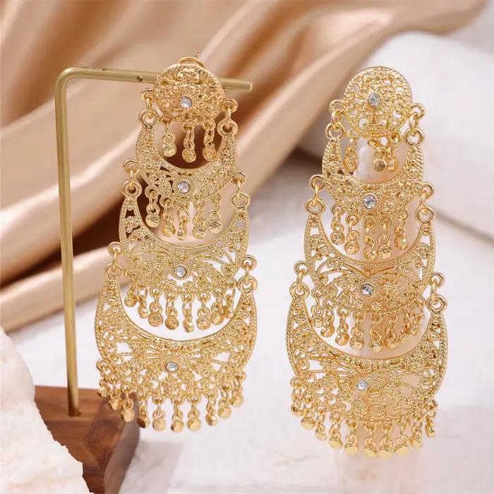 Boucles d'oreilles en alliage de mariée de Style Court français, décoration d'oreille longue populaire de l'argérie, Design de bijoux gravés lourds