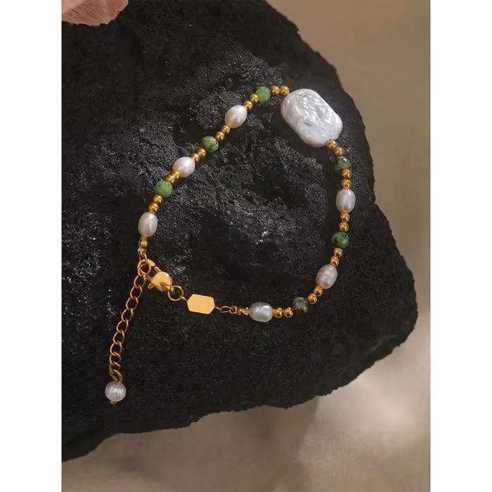 Yhpup luxe Baroque naturel Epidote pierre perles d'eau douce à la main en acier inoxydable perles Bracelet Bracelet PVD bijoux femmes
