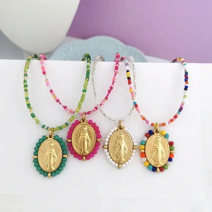 QMHJE vierge marie pendentif en acier inoxydable collier à breloques femmes tour de cou perles chaîne or argent couleur arc-en-ciel coloré bijoux
