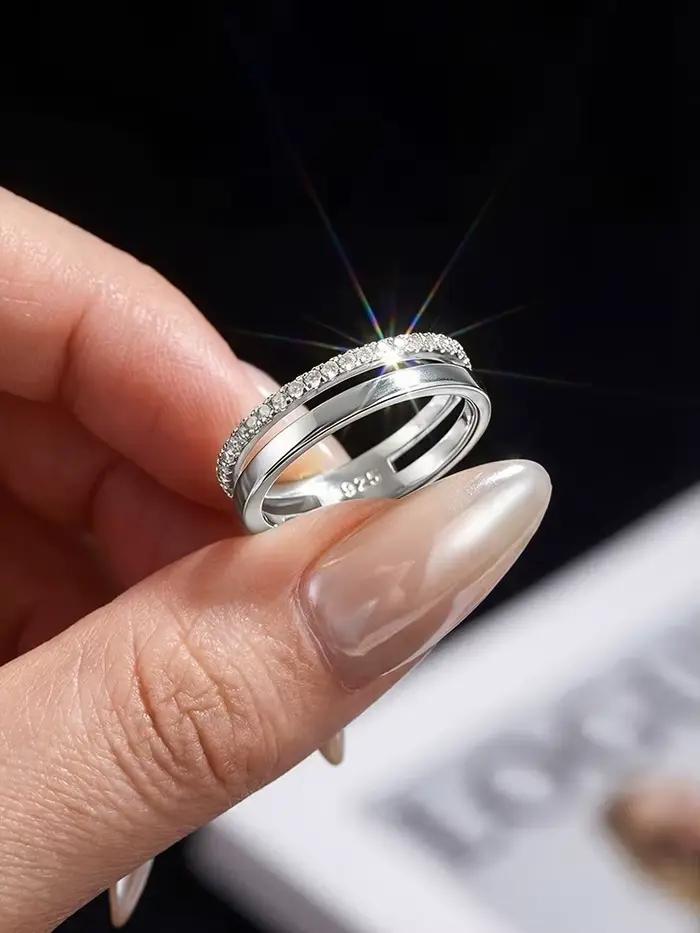 Bague ronde à double couche en diamant Moissanite véritable pour femmes
