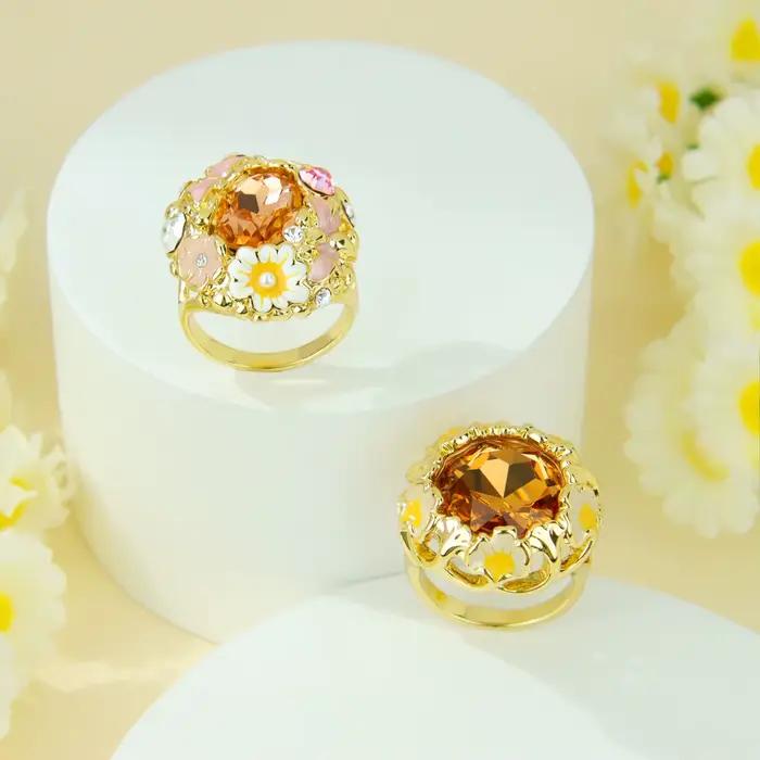 Bagues Chunky de Luxe Émaillées en Cristal, Bague Cocktail en Zirconia 14k Style Européen, Bijoux Originaux Vintage de Haute Qualité pour Femme