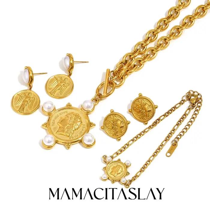 316L acier inoxydable perle ange reine collier Hip Hop étanche ensemble de bijoux femmes 18K plaqué or accessoires