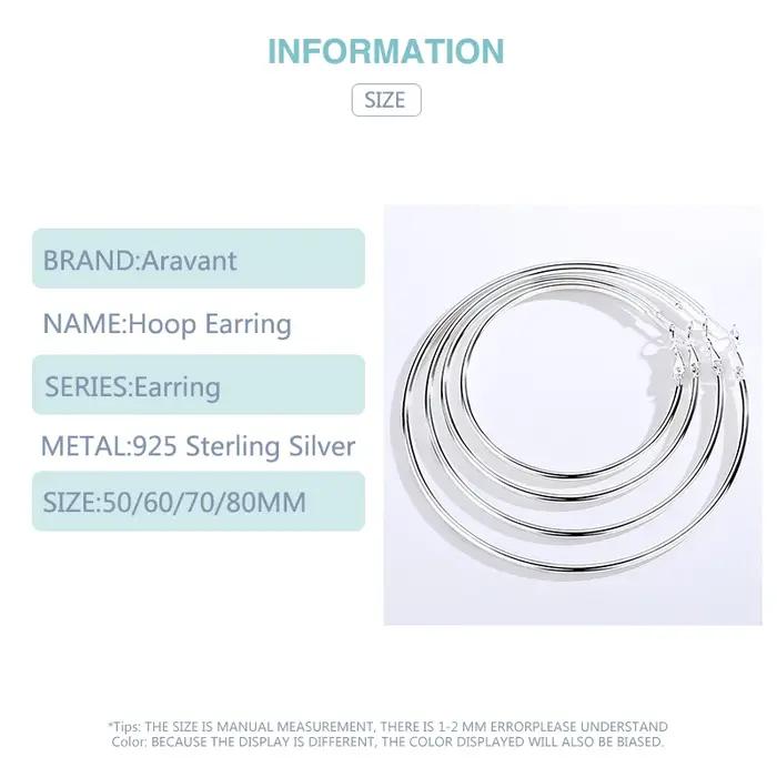 Aravant 925 argent Sterling 50MM 60MM 70MM 80MM cerceau boucle d'oreille pour les femmes bijoux de mariage cadeau